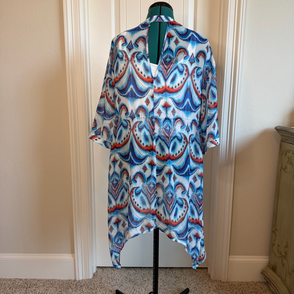 2/$30 bebe Vibrant Blue and Red Print Cardigan Kimono Cover-Up Beaded Detail - Picture 7 of 12